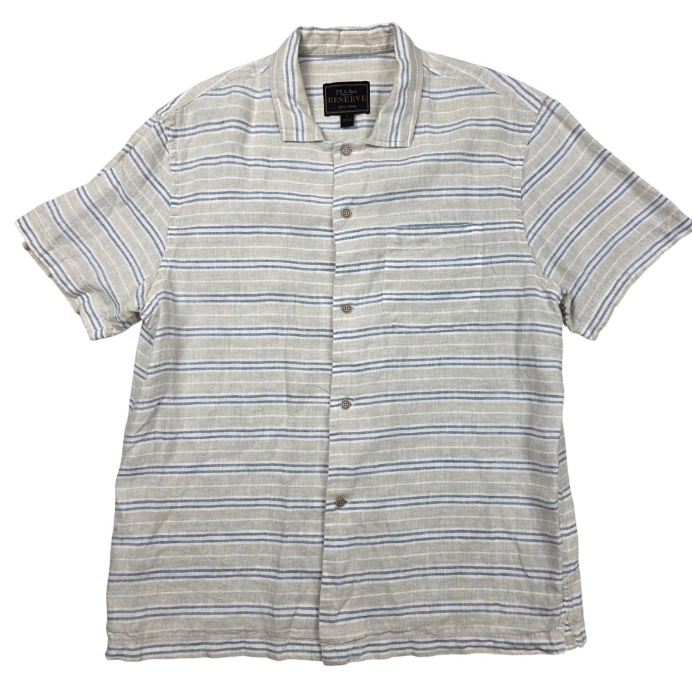 JOS A BANK RESERVE Mens 100% Linen Striped Short Sleeve Button Down Shirt Size L